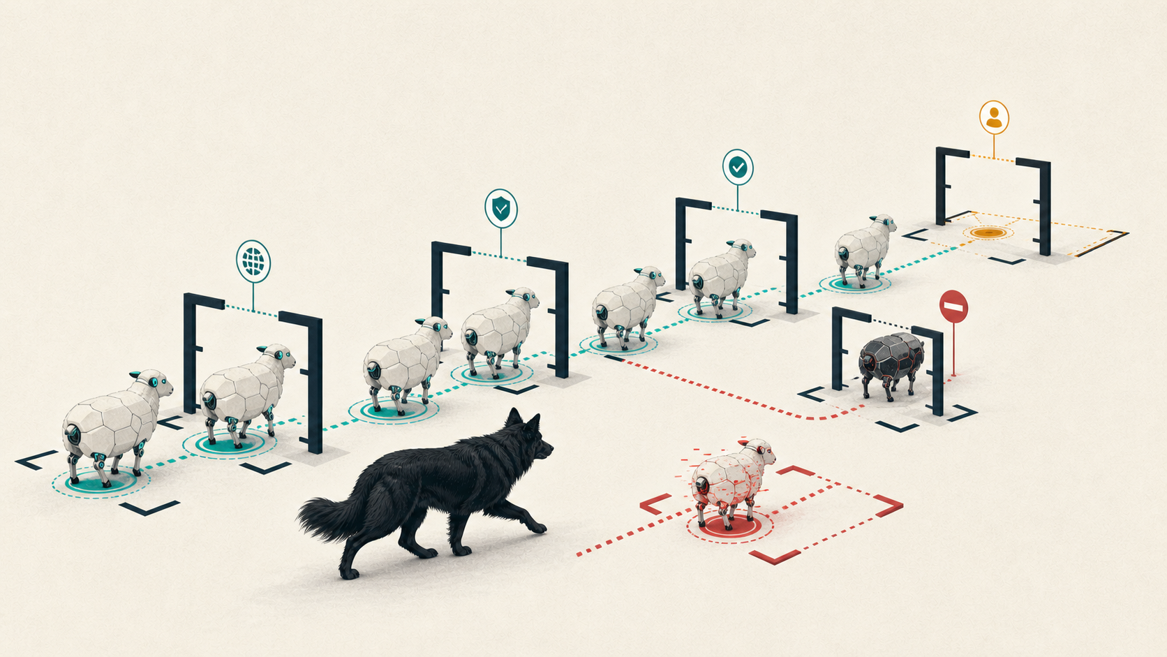 VerShep guides a flock of robotic AI agents through sequential assurance gates while compromised and malicious agents are diverted or blocked.